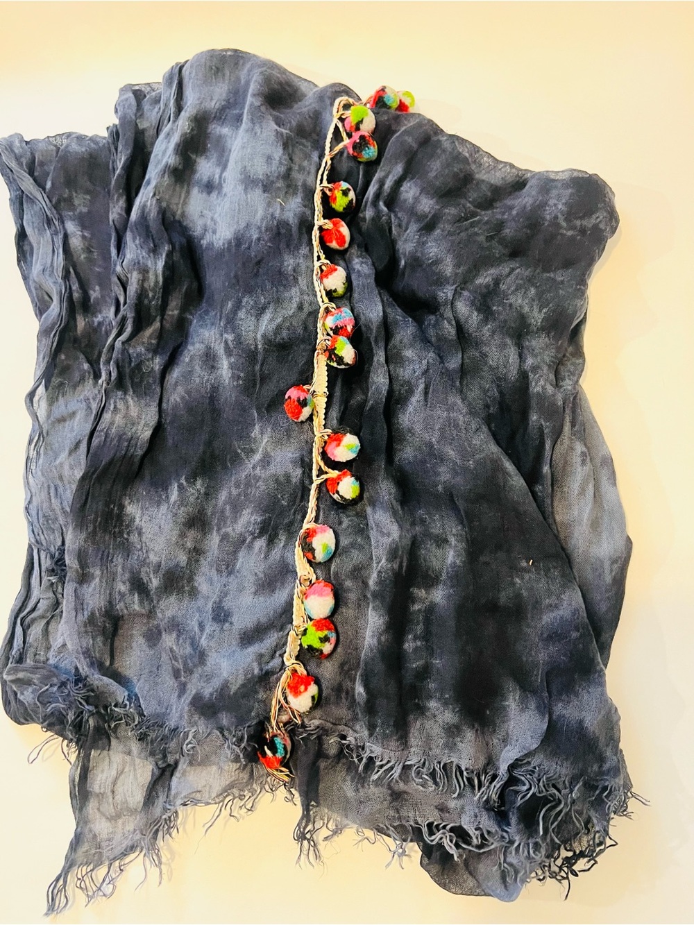 Hand-Dyed Navy Fringe Scarf with Colorful Pom Trim